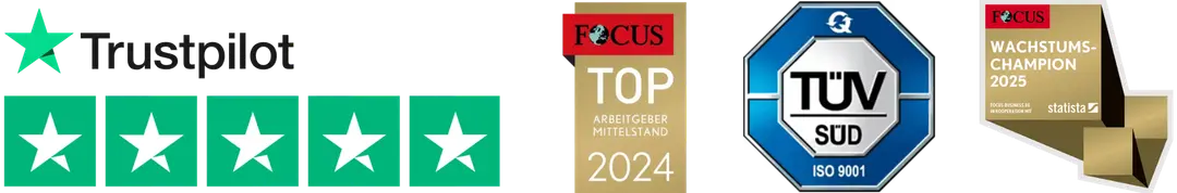Auszeichnungen: Trustpilot – hervorragend bewertet, FOCUS TOP Arbeitgeber Mittelstand 2024, TÜV SÜD ISO 9001, FOCUS Wachstums-Champion 2025